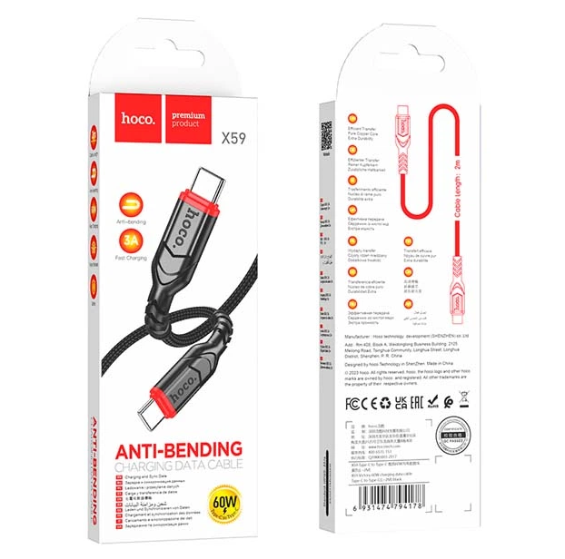 Кабель Type-C to Type-C Hoco X59 PD 60W 3A 2m швидка зарядка для ноутбука та телефону