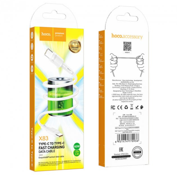 Кабель Hoco X83 Type-C to Type-C Victory 60W charging data cable White