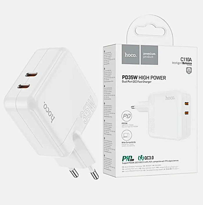 Мережевий зарядний пристрій Hoco C110A Lucky 2Type-C QC 3.0 PD35W